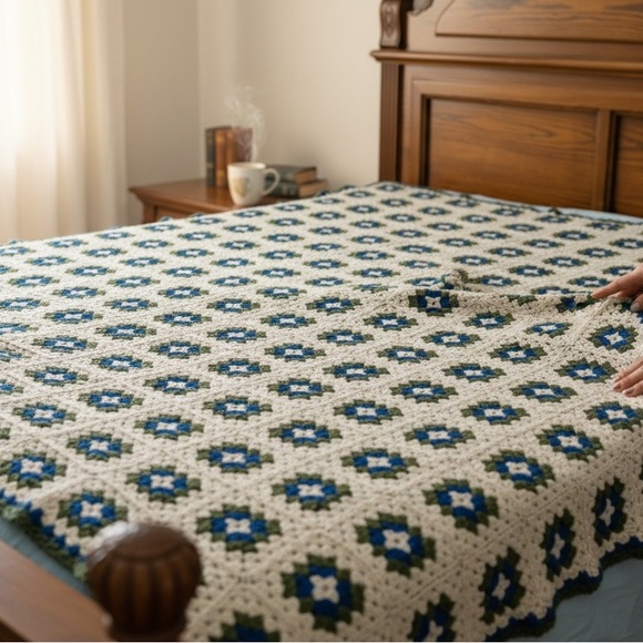 Other - Handmade Crochet Granny Square Blanket Twin 59x88 Blue Green Cream